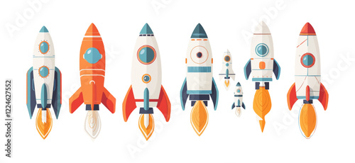 Colorful vector rocket set showcasing diverse spacecraft designs.