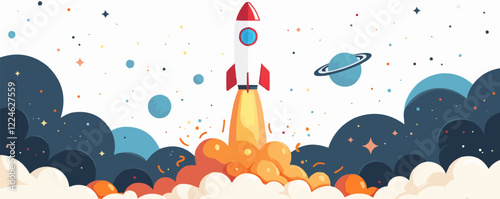 Vector rocket launch in outer space with planets and clouds.