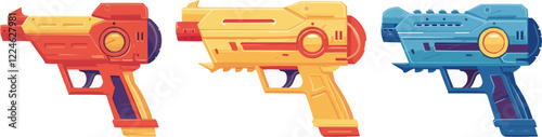 Futuristic toy blasters vector design featuring vibrant colors and dynamic styles.