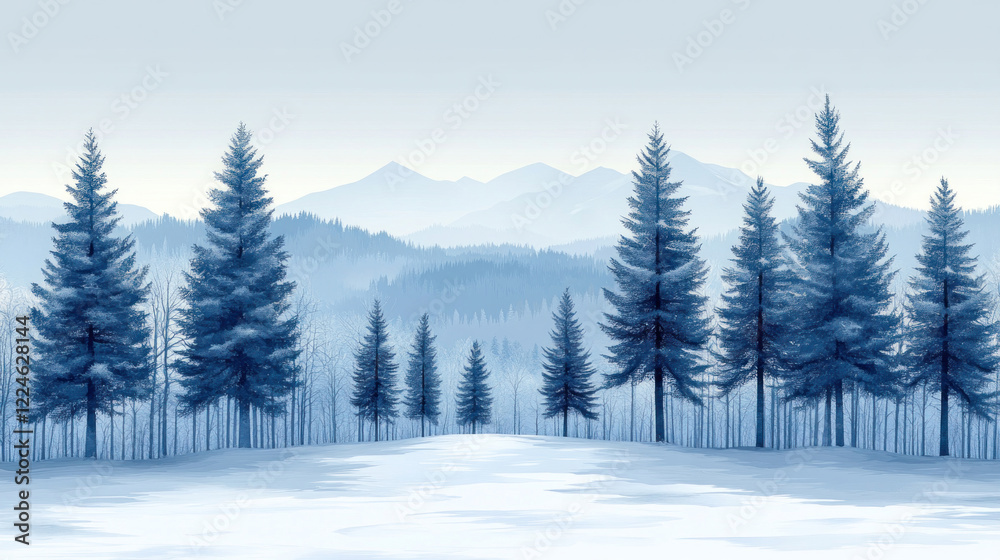 Naklejka premium A Scandinavian wallpaper of stylized pine forests in crisp white on a pale blue background