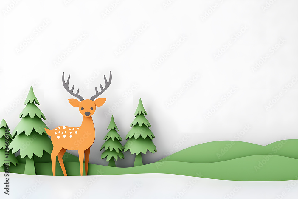 Obraz premium Christmas deer in a minimal paper cut style isolated on background