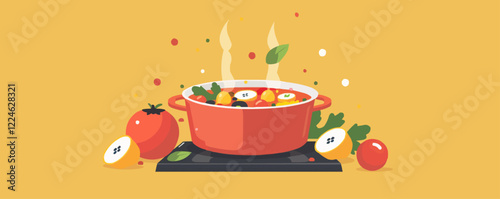 Vector art of a simmering pot with fresh vegetables and spices on a stove.