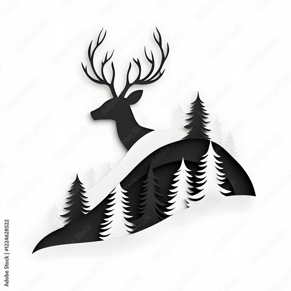 Obraz premium Christmas deer in a minimal paper cut style isolated on background