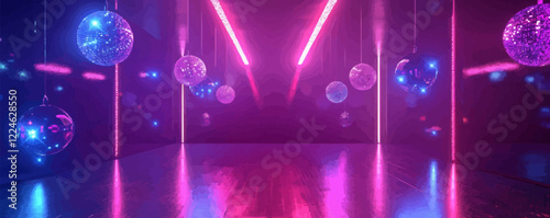 Vector neon disco room with reflective surfaces and hanging spheres.