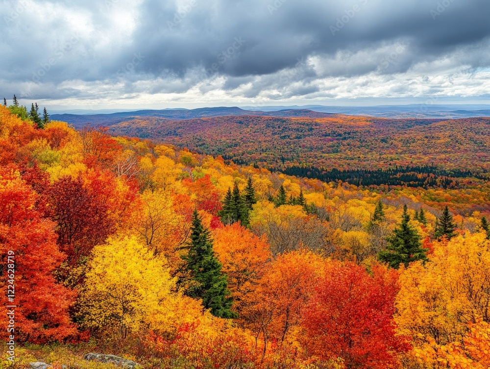 Aerial view of a lush autumn forest, showcasing a rich tapestry of warm and vibrant colors.