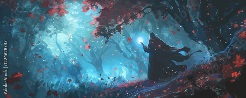 Mystical forest scene with hooded figure holding light vector art.