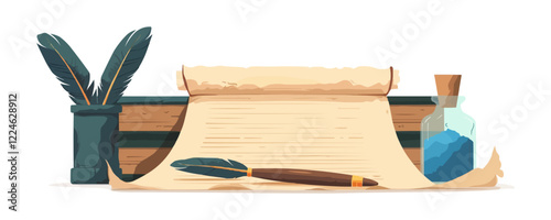 Vintage writing tools vector with quill, scroll, and inkwell elements.