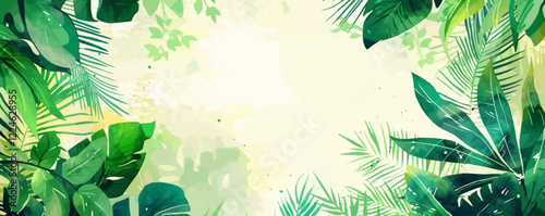 Tropical vector background with lush green leaves and foliage border.