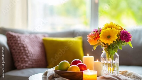 Warm apartment with cozy decor, flower vase, candles, and fruit dish on the table, creating a welcoming atmosphere. AI generated