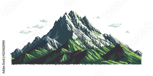 Pixel art mountain vector scene with detailed peaks and clouds.