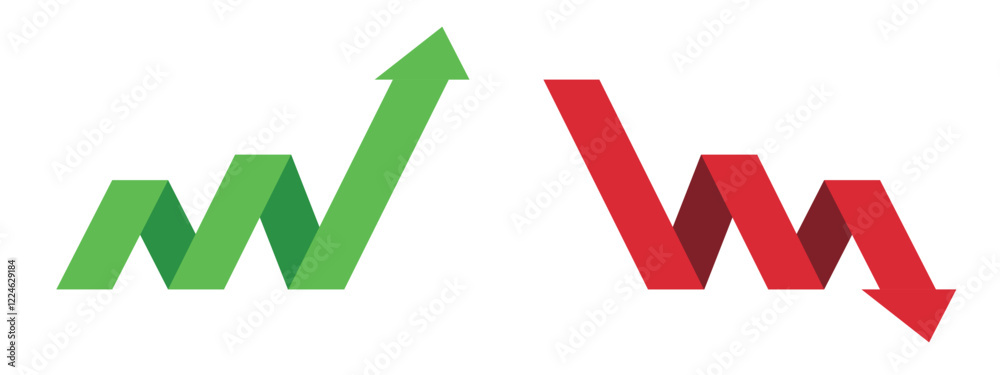 Red and Green Graph going Up and Down sign with green and red arrows vector. Flat design vector illustration concept of sales bar chart symbol icon with arrow moving down and up Red and Green Graph going Up and Down sign with green and red arrows vector. Flat design vector illustration concept of sales bar chart symbol icon with arrow moving down and up