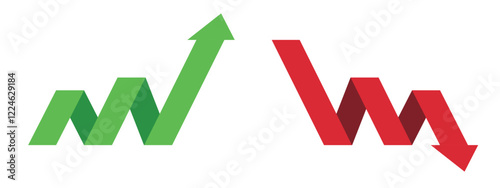 Red and Green Graph going Up and Down sign with green and red arrows vector. Flat design vector illustration concept of sales bar chart symbol icon with arrow moving down and up