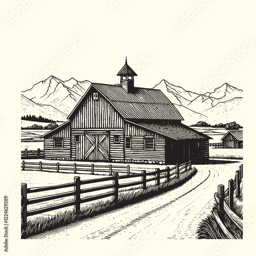 Hand-drawn Farm, ranch, barn house illustration