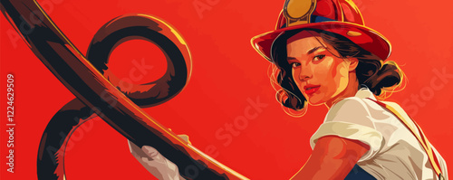 Bold vector art of female firefighter heroism on a vibrant red background.