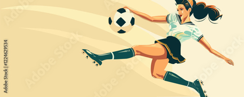 Dynamic soccer player in action - vector art of female athlete kicking ball.