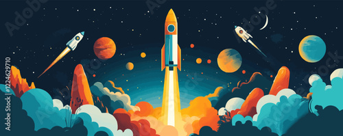 Space exploration vector: vibrant rockets and planets in a night sky.
