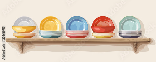 Vector art of colorful stacked plates on wooden shelf.