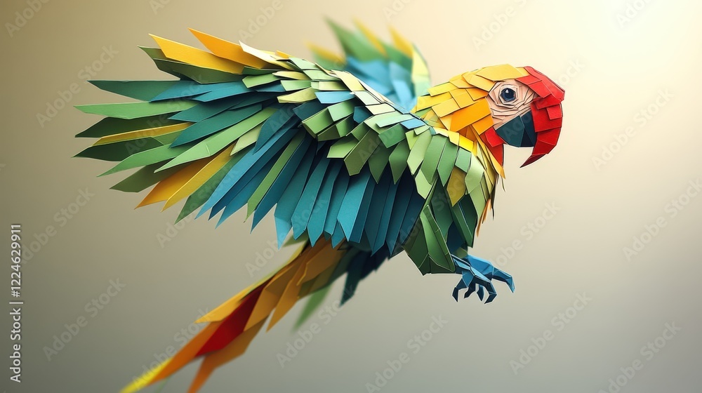 Fototapeta premium Cubist parrot made from layered colored paper with vibrant hues and angular wings
