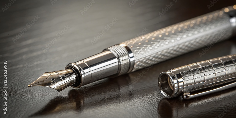 Elegant Silver Fountain Pen: Close-up Frontal View in Low Light Elegant Silver Fountain Pen: Close-up Frontal View in Low Light