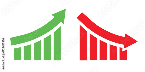 Graph going Up and Down sign with green and red arrows vector. Flat design vector illustration concept of sales bar chart symbol icon with arrow moving down and sales bar chart with arrow moving up.