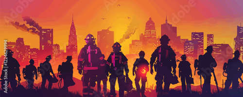 Vector art of firefighters silhouetted against urban sunset skyline.