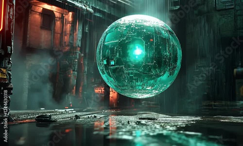 Futuristic sphere in decaying city, glowing core, science fiction background, ideal for video game asset