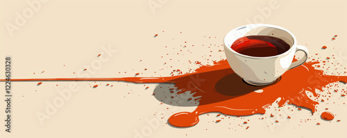 Vector design of a coffee cup with spilled liquid and splashes.