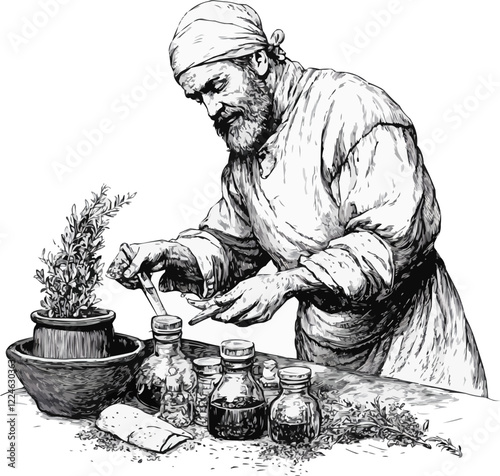 Vector of medieval apothecary preparing herbal remedies in rustic setting.