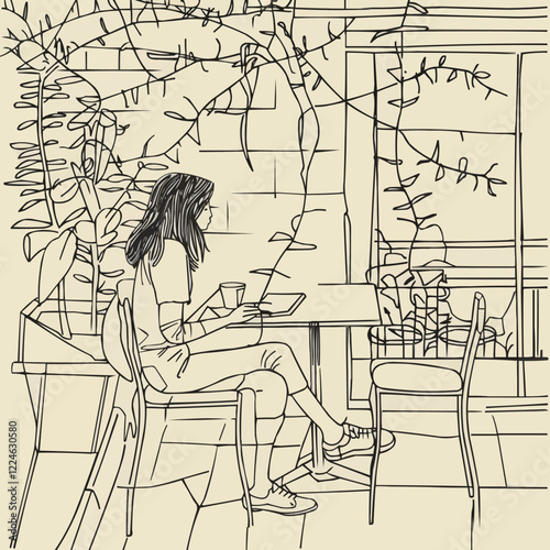 Cozy cafe vector art: woman enjoying a coffee surrounded by plants.