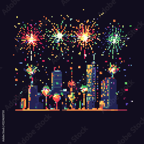 Vibrant city skyline fireworks vector with pixel art style.