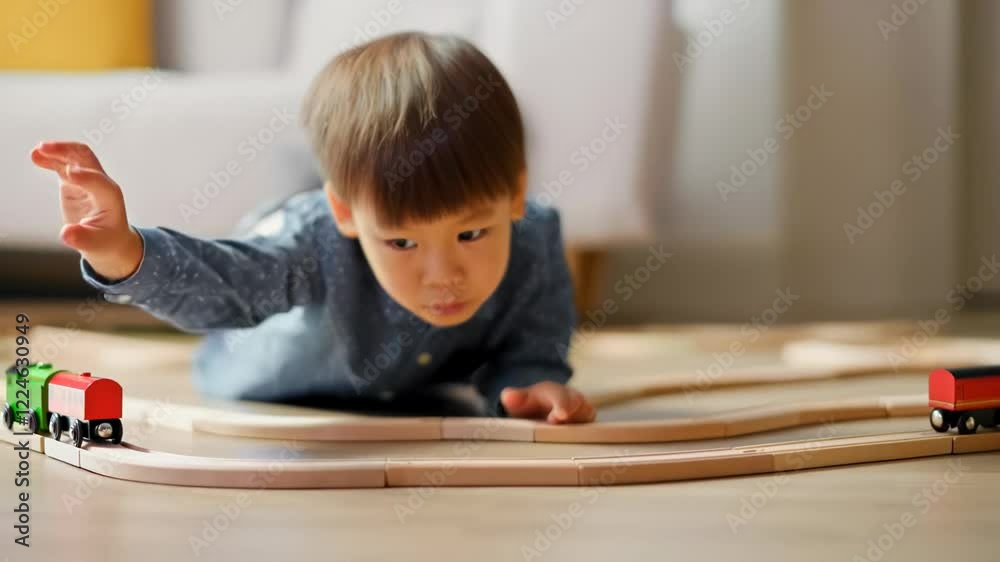 Asian toddler playing with wooden toy train set Asian toddler playing with wooden toy train set