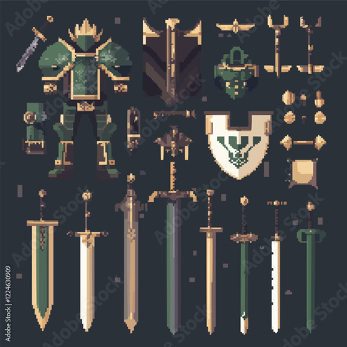 Medieval armor and weapons vector set featuring swords and shields.