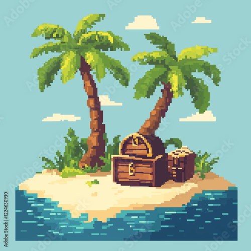 Vintage pixel art treasure island scene with palm trees and chest vector.