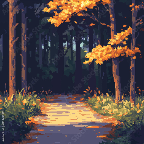 Serene autumn pathway vector in vibrant pixel art style.