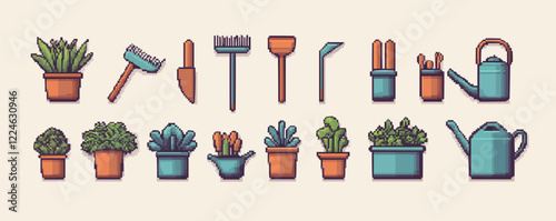 Vector gardening tools and plants set on cream background.