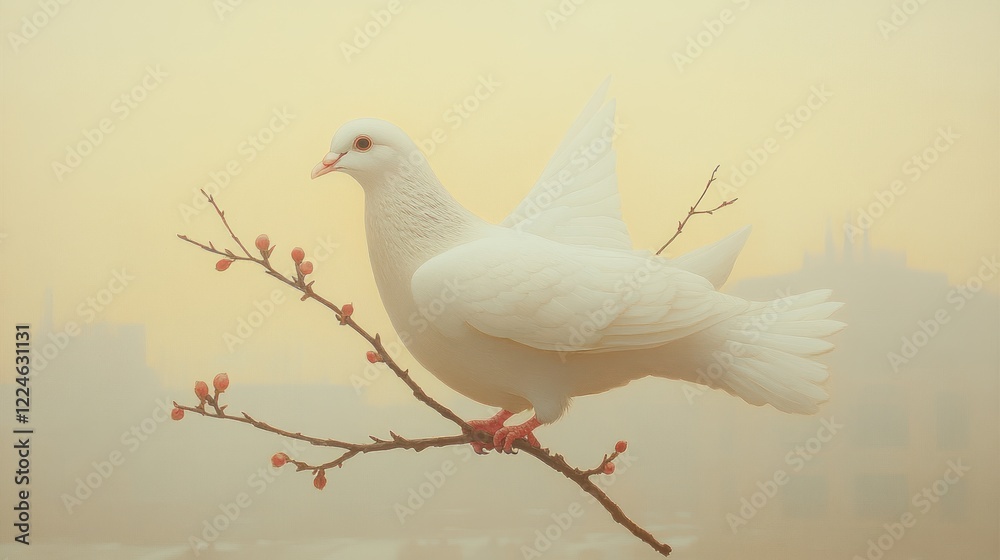 Fototapeta premium White dove perched, blooming branch, foggy city.
