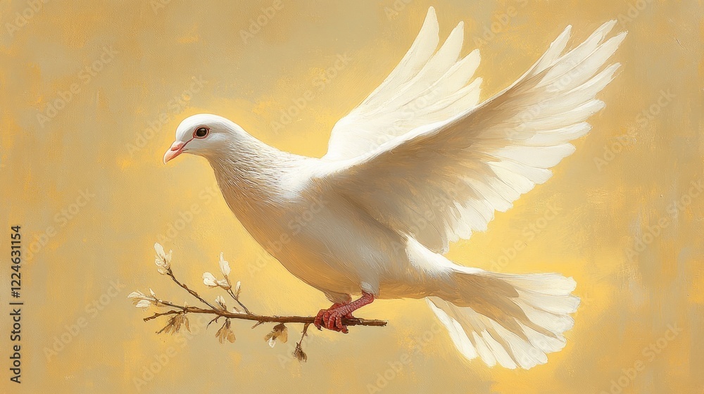 Fototapeta premium White dove, wings spread, perched on branch.