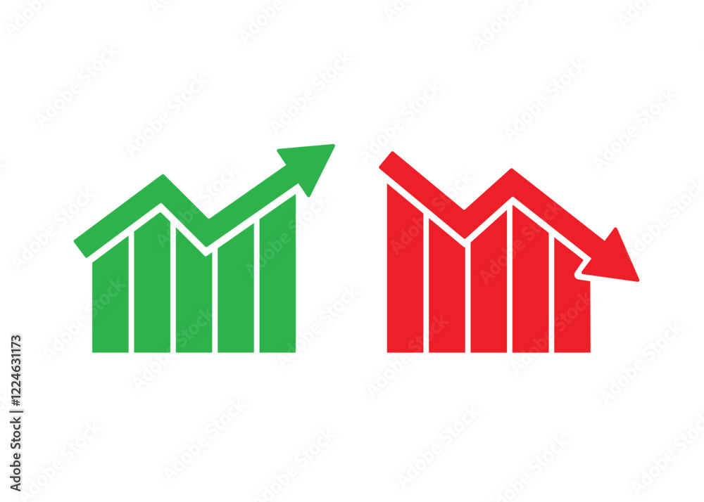 Graph going Up and Down sign with green and red arrows vector. Flat design vector illustration concept of sales bar chart symbol icon with arrow moving down and sales bar chart with arrow moving up. Graph going Up and Down sign with green and red arrows vector. Flat design vector illustration concept of sales bar chart symbol icon with arrow moving down and sales bar chart with arrow moving up.
