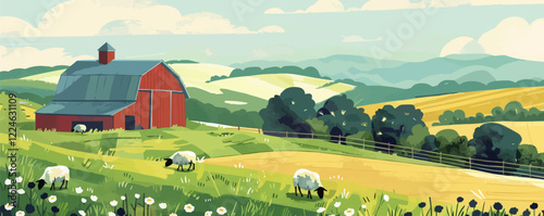 Vector countryside landscape with red barn and grazing sheep.