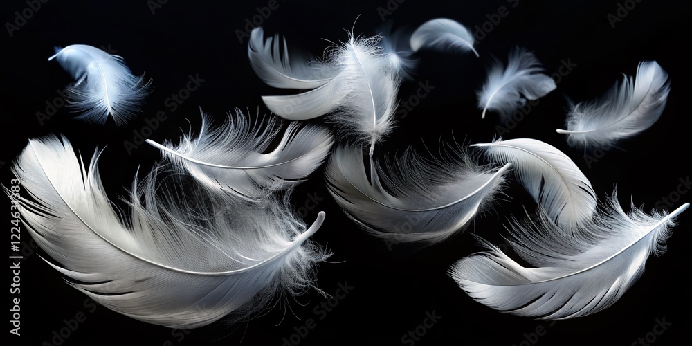 Fototapeta premium Elegant White Feathers Floating on Black Background - Stock Photo