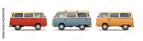 Retro camper van collection vector art with vibrant colors.