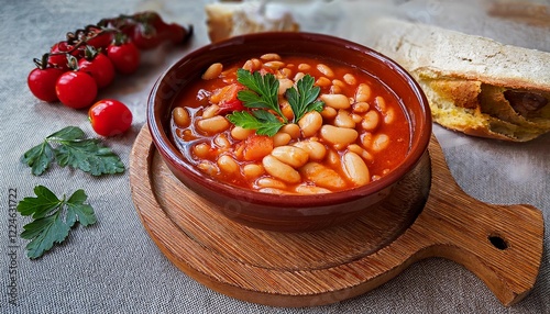 Fasolada bean soup in a rustic bowl with fresh herbs, captured from an angle view, showcasing a traditional Mediterranean dish, professional food photo. photo