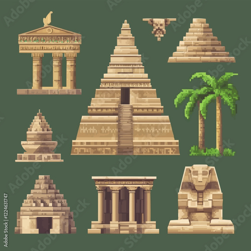 Pixel art ancient structures vector with temples and pyramids.
