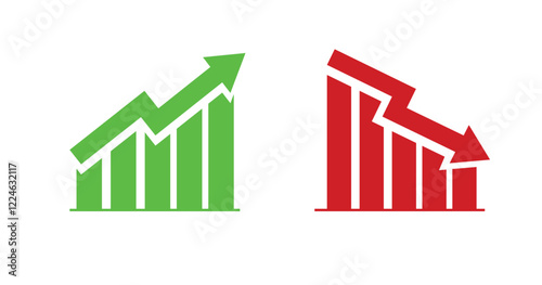 Graph going Up and Down sign with green and red arrows vector. Flat design vector illustration concept of sales bar chart symbol icon with arrow moving down and sales bar chart with arrow moving up.