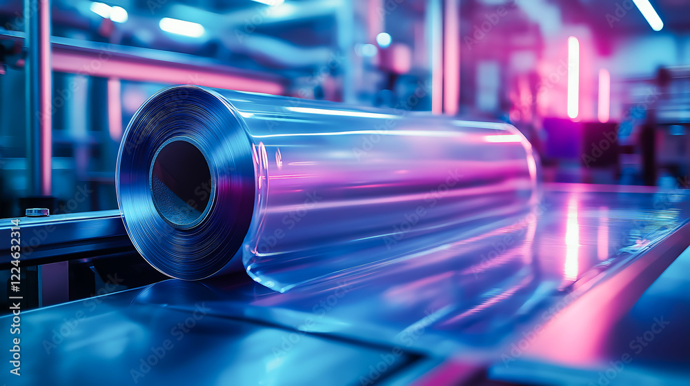 A large roll of transparent plastic film on a machine in a modern industrial manufacturing facility with neon light A large roll of transparent plastic film on a machine in a modern industrial manufacturing facility with neon light