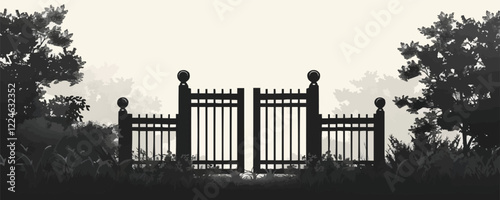 Elegant vector design of ornate garden gate with nature elements.