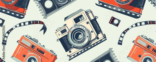 Retro camera pattern: vintage vector design with film elements.