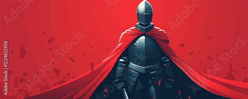 Knight in armor with red cape on red background vector art.