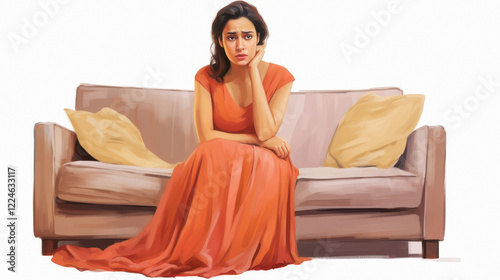 indian middle class young wife sad and angry sitting on sofa, modern colour attire, homely dress, white background