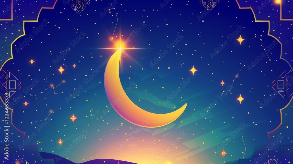 Naklejka premium **A vibrant flat design featuring a crescent moon and shining stars against a gradient night sky, with intricate geometric patterns framing the composition, symbolizing Ramadan Kareem.